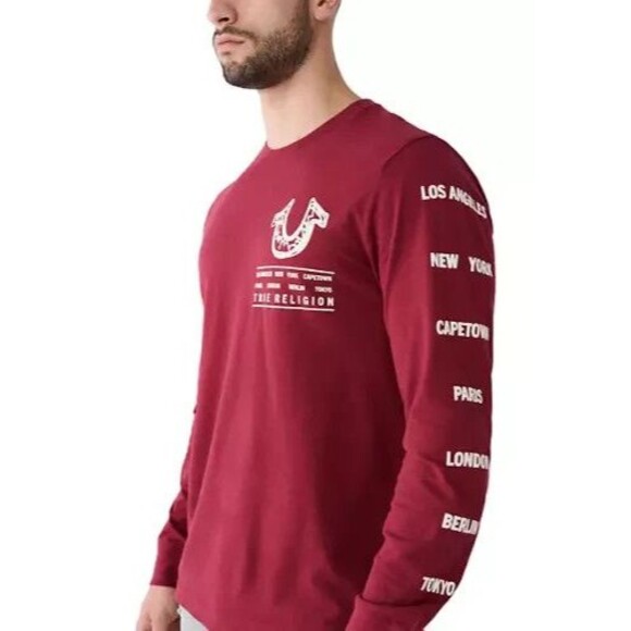 True Religion Men's Long Sleeve Logo Tour Graphic T-Shirt Burgundy Red XXL - Picture 1 of 7